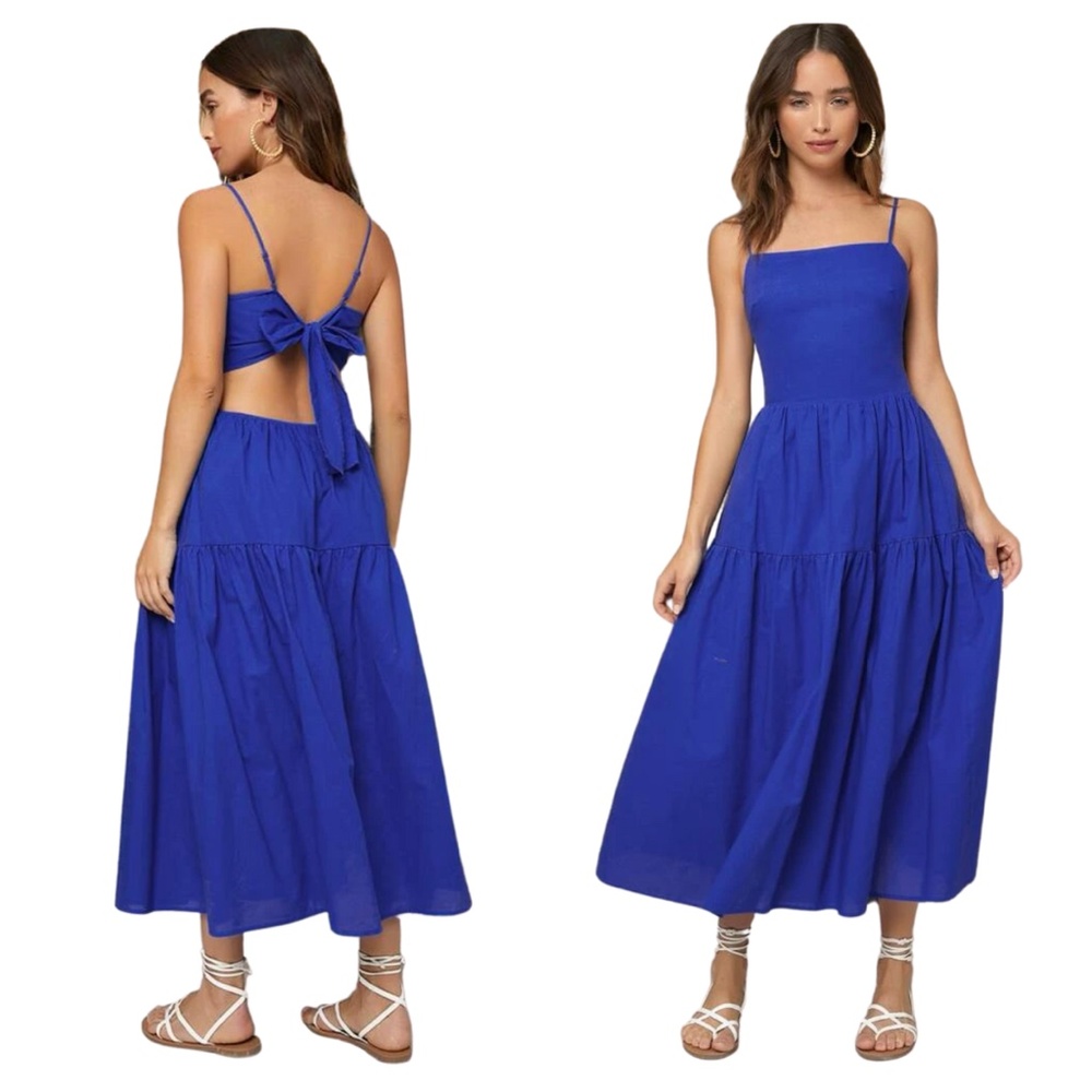 Bright Blue Tiered Maxi Midi Peasant Dress Backless Tie Back | Large 8 10